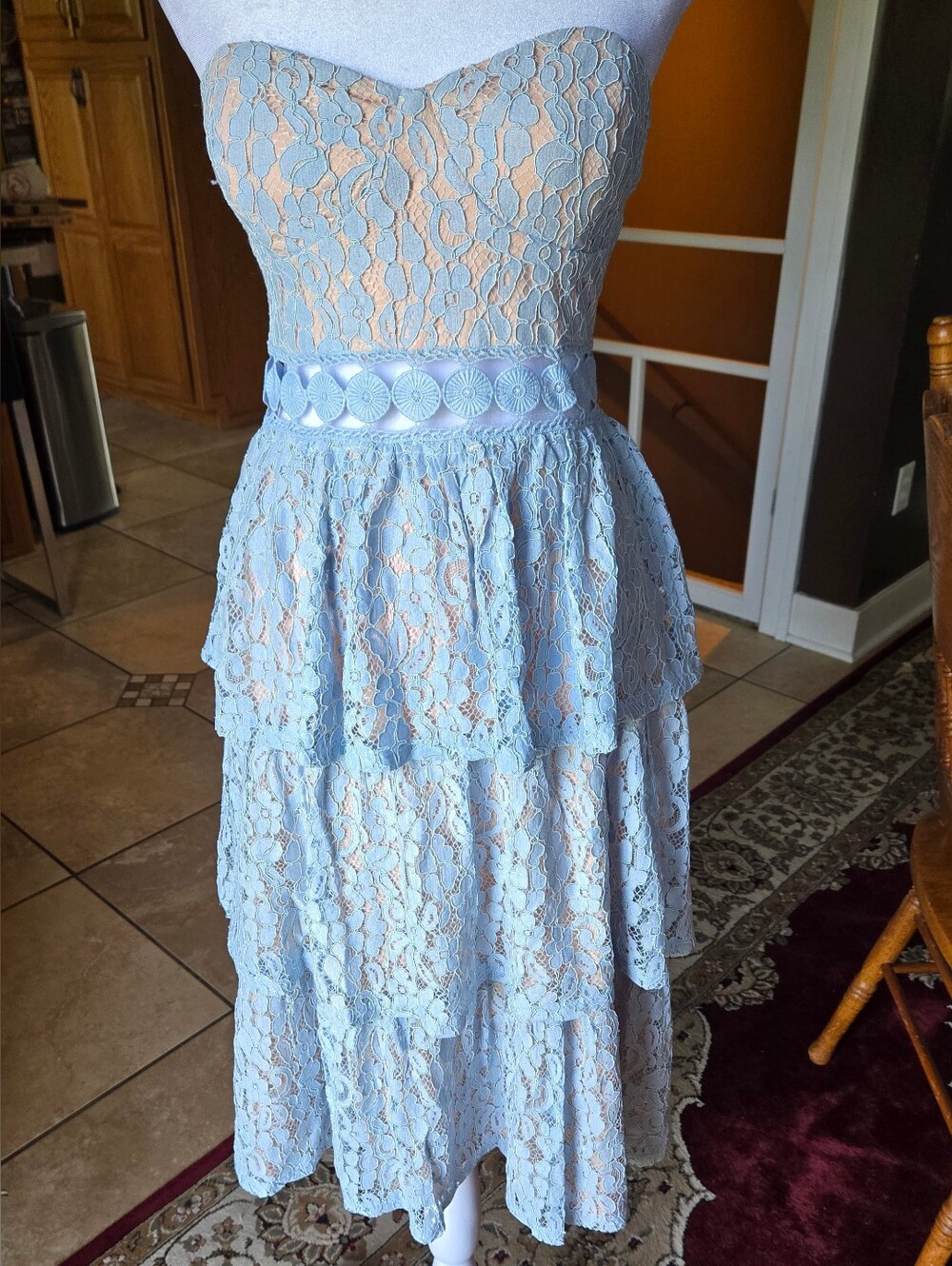 Lulu's Light Blue Lace Tiered Strapless Dress
